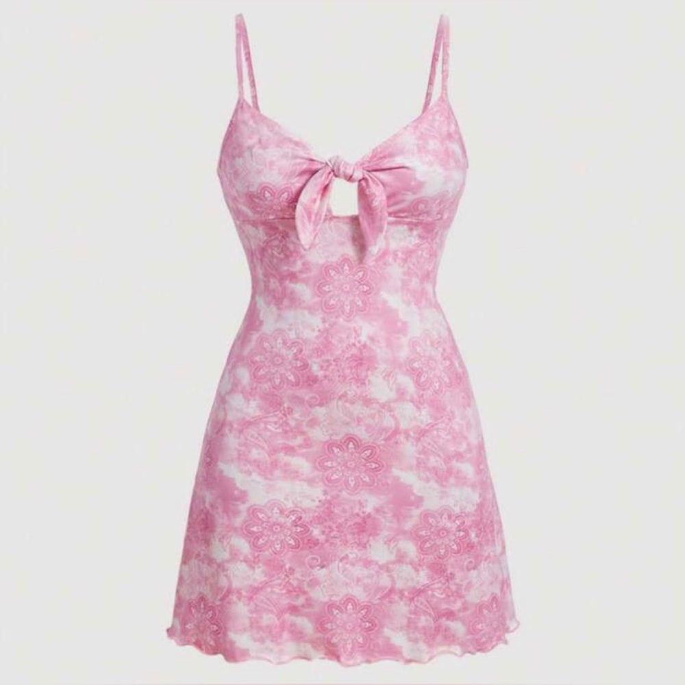 Pink Paisley Flower Tie Front Cami Dress - Medium